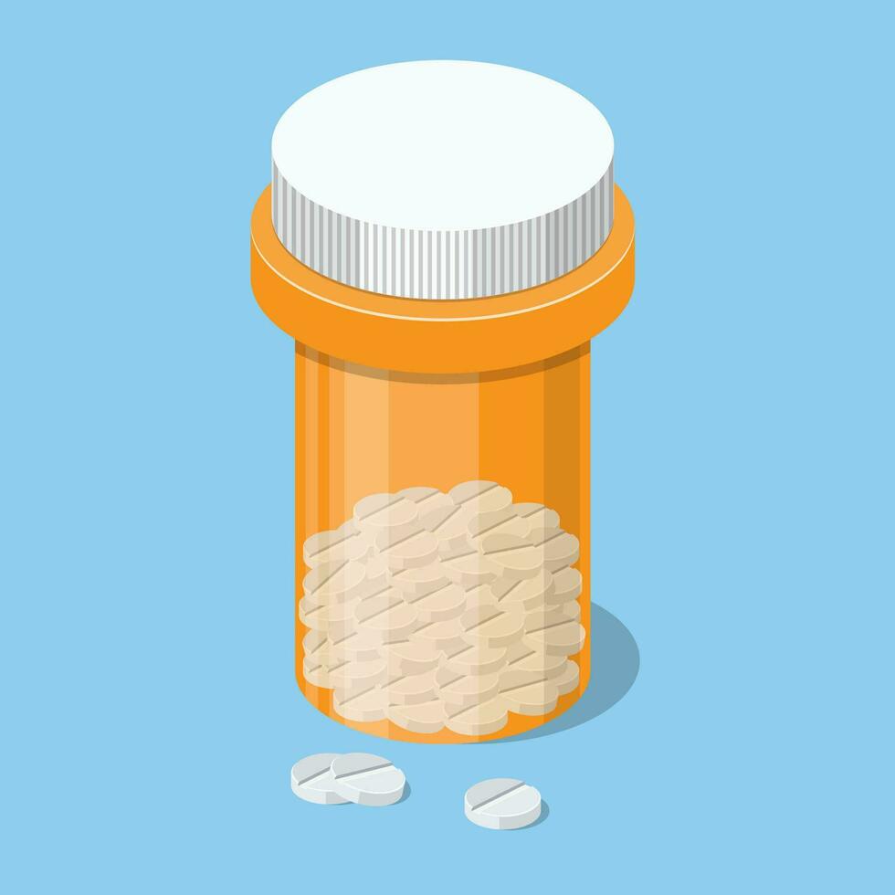 plástico garrafa do pílulas dentro isométrico Visão isolado em branco fundo, tábua pílulas médico droga farmacia Cuidado e tábua pílulas antibiótico farmacêutico. vetor ilustração dentro plano estilo