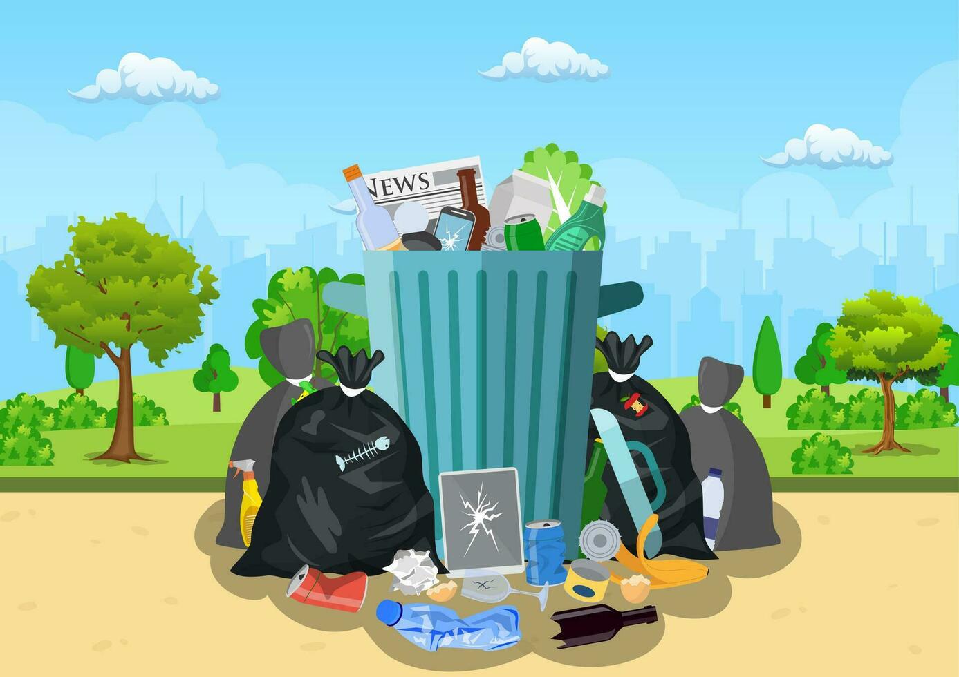 lixo despejo com lixo bin para reciclando dentro parque. diferente tipos do desperdício. Lixo deitado em a rua. vetor ilustração dentro plano estilo