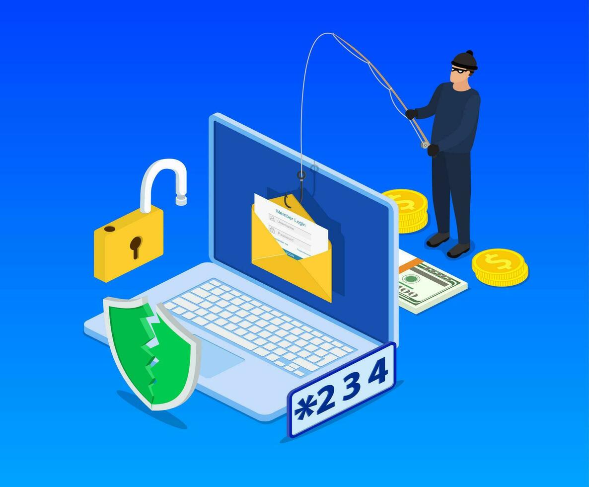 isométrico Conecte-se para dentro conta dentro o email envelope e pescaria gancho. Internet phishing, hackeado Conecte-se e senha. rede e Internet segurança. anti vírus, spyware, vetor ilustração dentro plano estilo