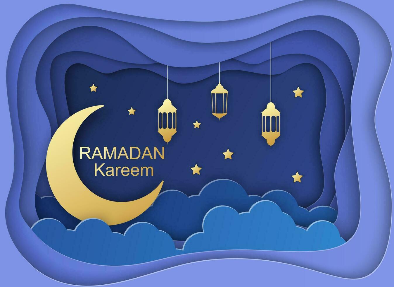 Ramadã kareem cumprimento cartão, Projeto com 3d papel cortar símbolos do Ramadã mubarak, suspensão ouro lanternas, árabe lâmpadas, estrela, papel arte vetor e ilustração