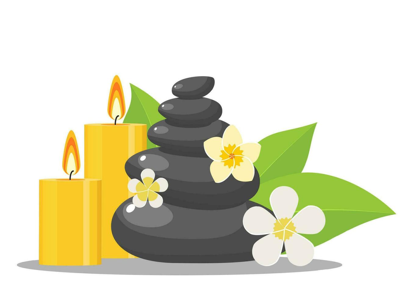 zen pedras e flores, pedras e velas para massagem e e verde folhas, Itens para meditação. vetor ilustração dentro plano estilo