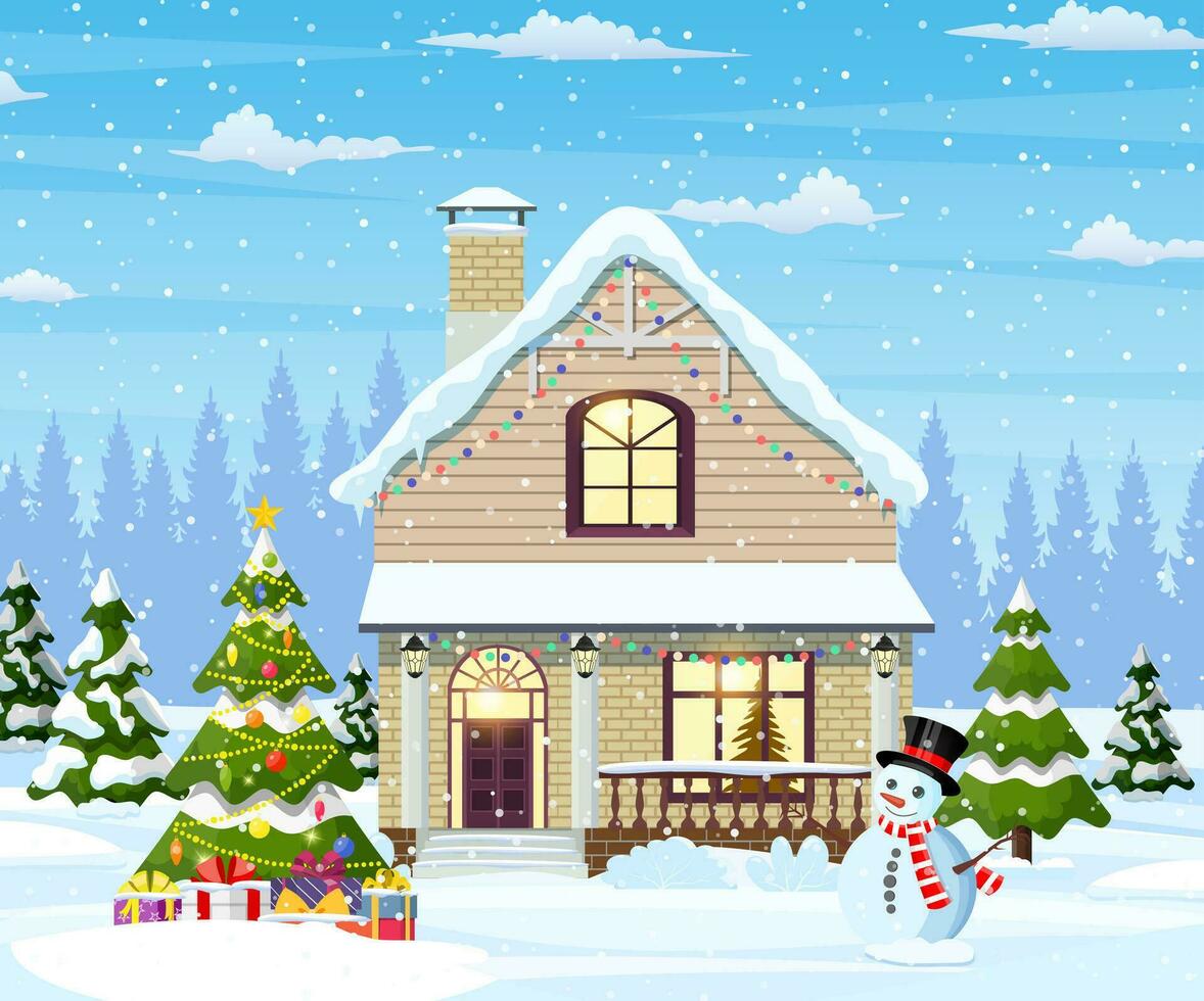 suburbano casa coberto neve. construção dentro feriado ornamento. Natal panorama árvore, boneco de neve. Novo ano decoração. alegre Natal feriado natal celebração. vetor ilustração plano estilo