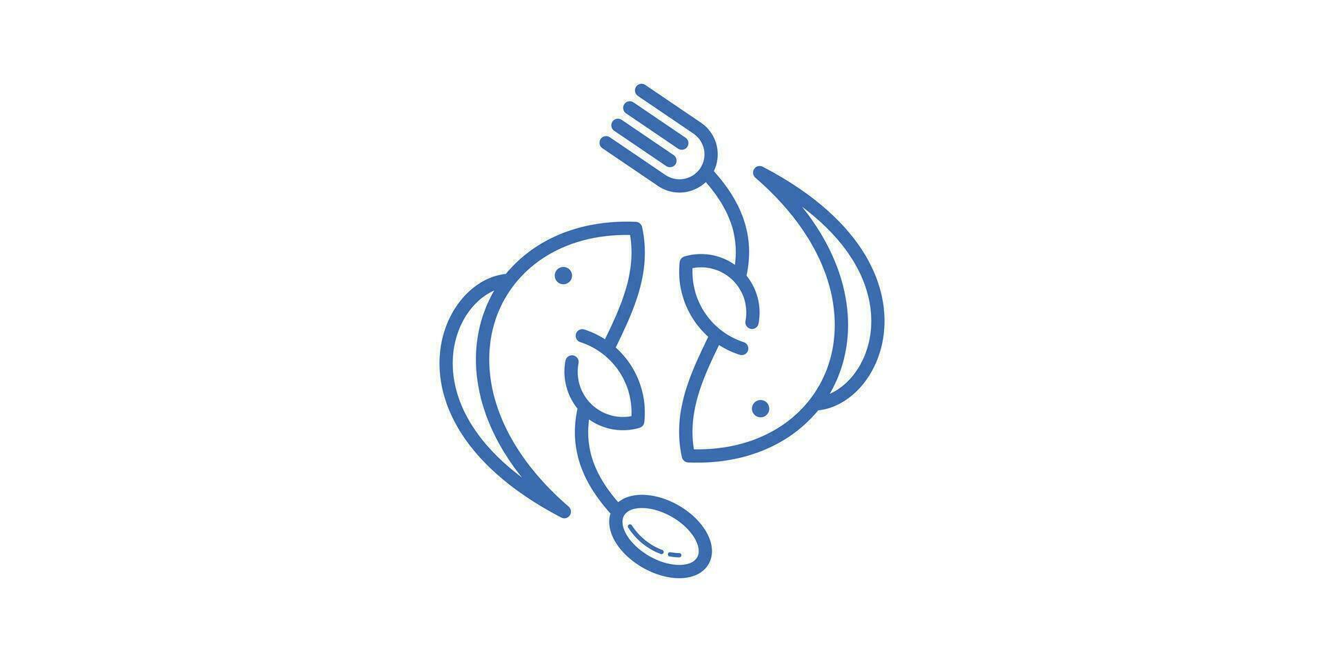 logotipo Projeto combinação do peixe forma com colher e garfo, frutos do mar logotipo, minimalista linha. vetor