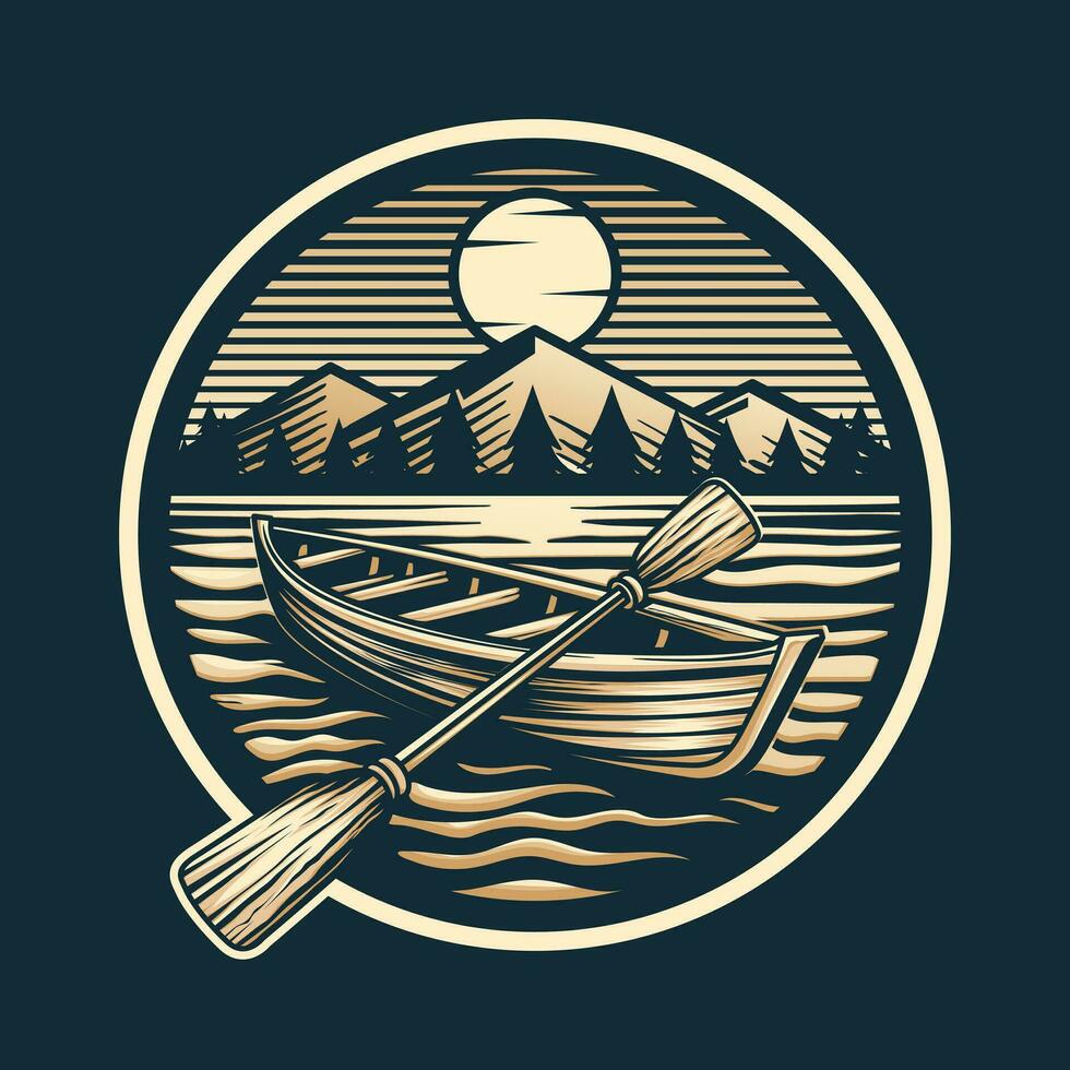 de madeira canoa linha barco vintage logotipo crachá vetor