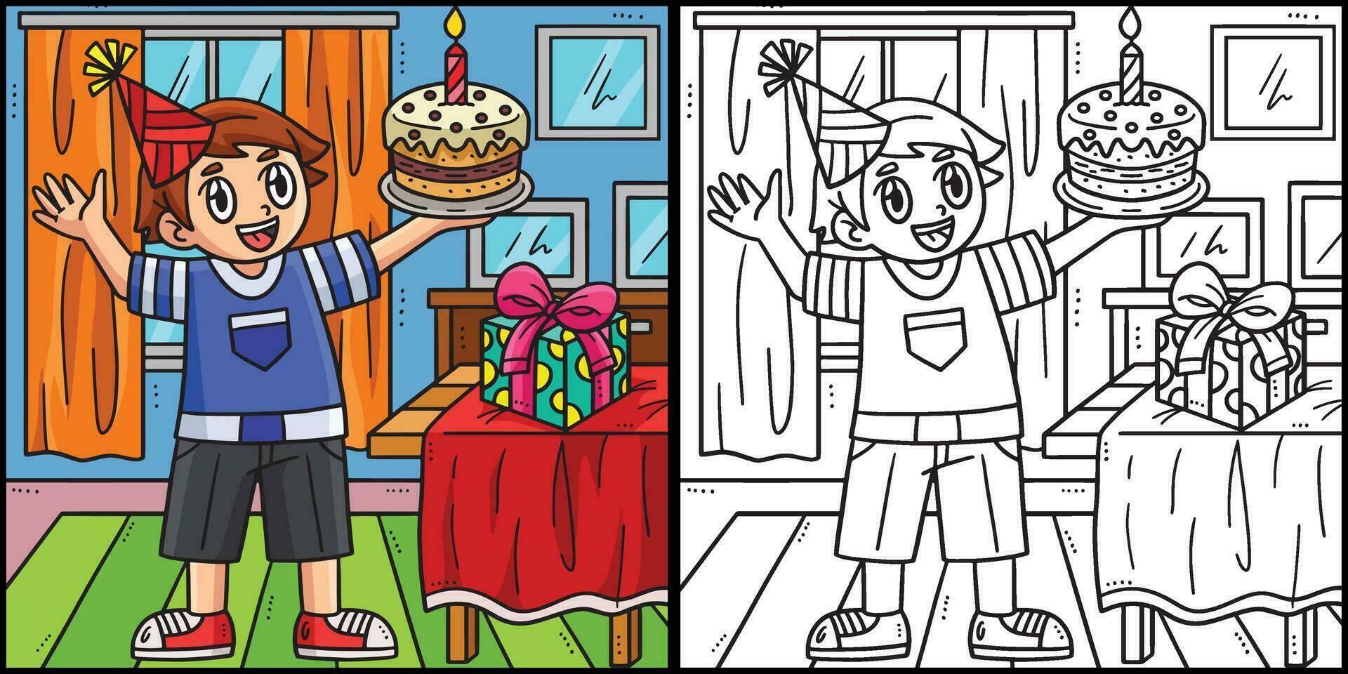 aniversário Garoto segurando uma bolo coloração ilustração vetor