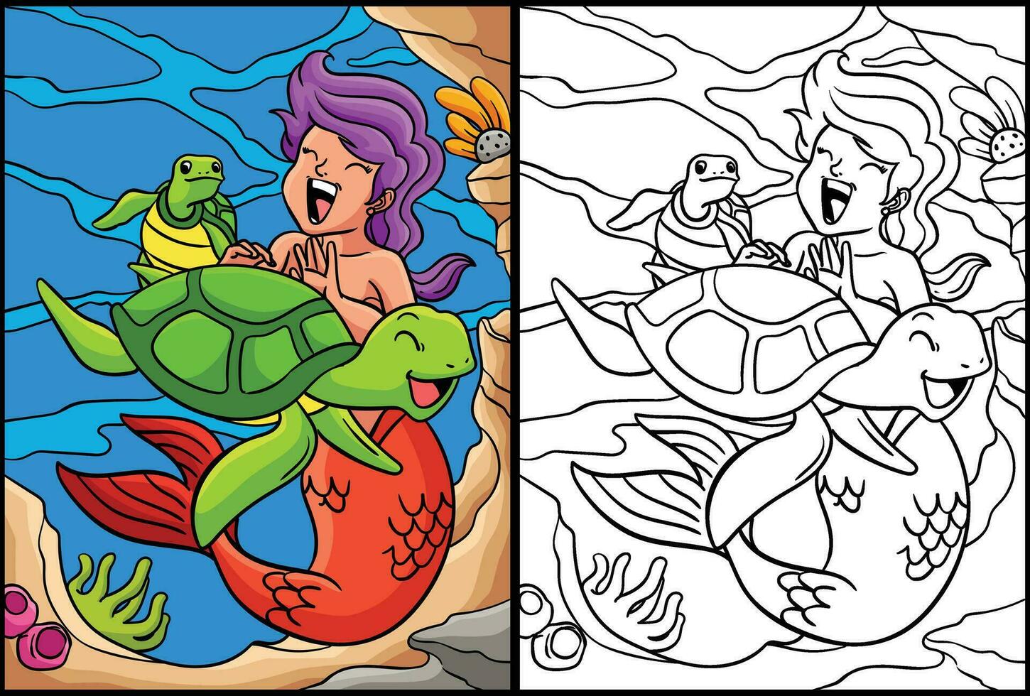 sereia jogando com tartaruga coloração ilustração vetor