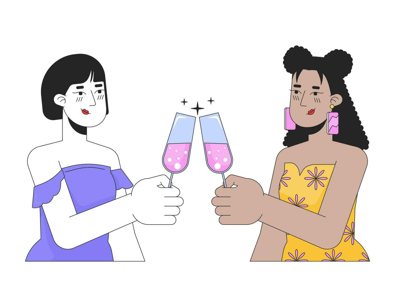 amigas lésbicas tilintar óculos 2d linear desenho animado personagens. Encantado homossexual fêmea casal isolado linha vetor pessoas branco fundo. a comemorar champanhe cor plano local ilustração