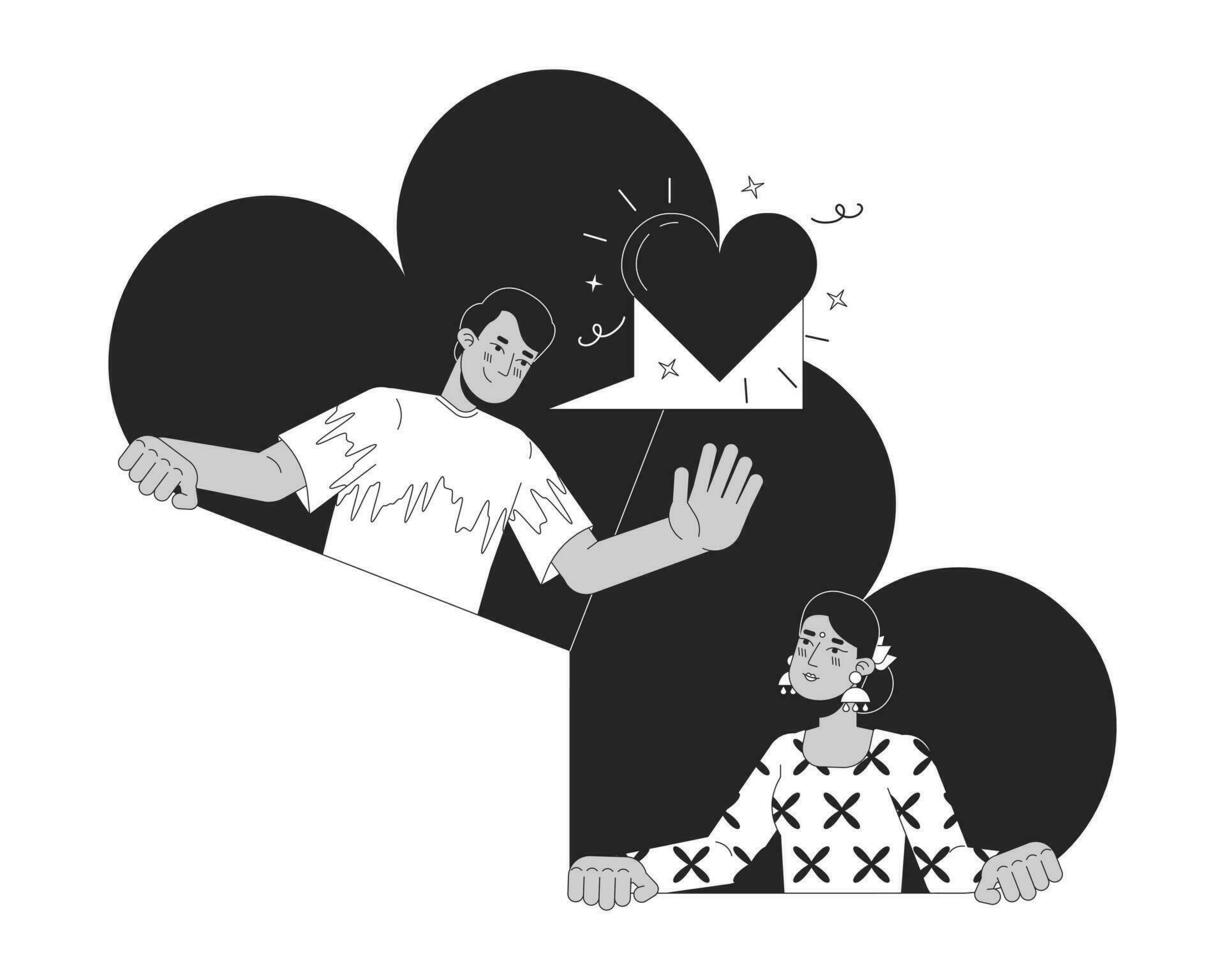 conectados namoro heterossexual casal Preto e branco 2d ilustração conceito. indiano namorados desenho animado esboço personagens isolado em branco. grandes distância amor corações metáfora monocromático vetor arte