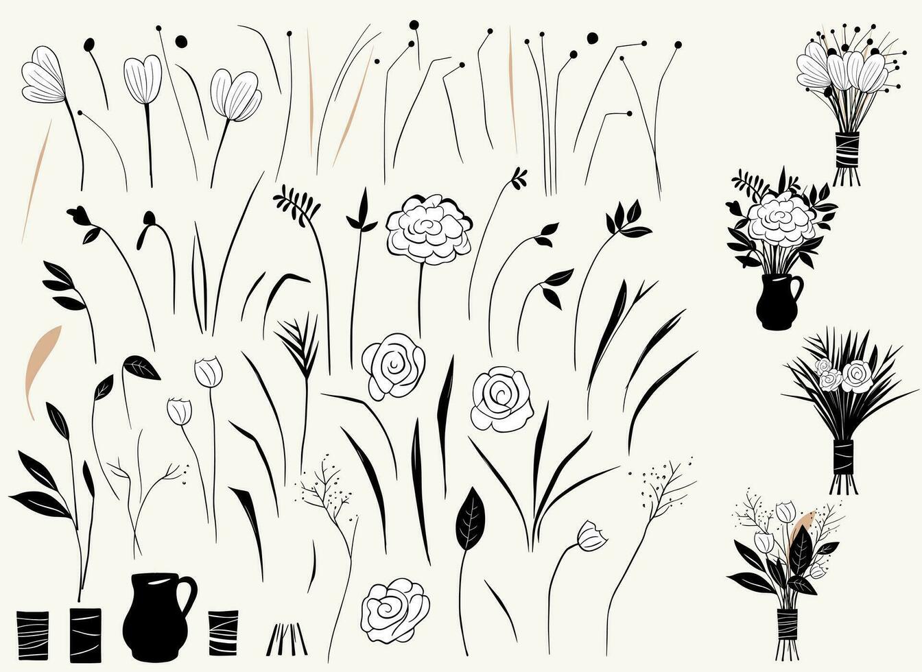 conjunto do monocromático elementos para floral Projeto. flores, botões, haste e folhas. floral construtor. esboço buquês. vetor