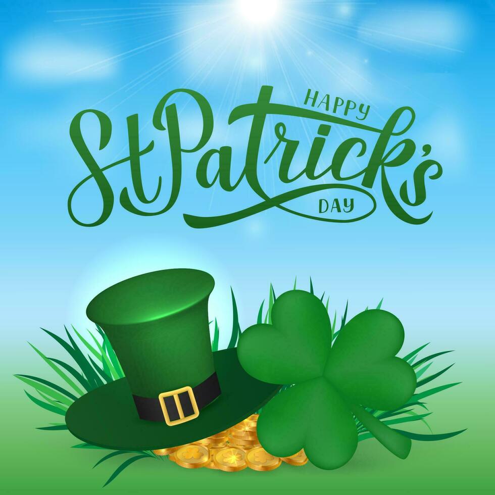 feliz st. patricks dia caligrafia mão letras, Leprechauns chapéu, trevo, verde Cerveja e Panela do dourado moedas. santo patricks dia cumprimento cartão, festa convite, poster, etc. vetor ilustração.