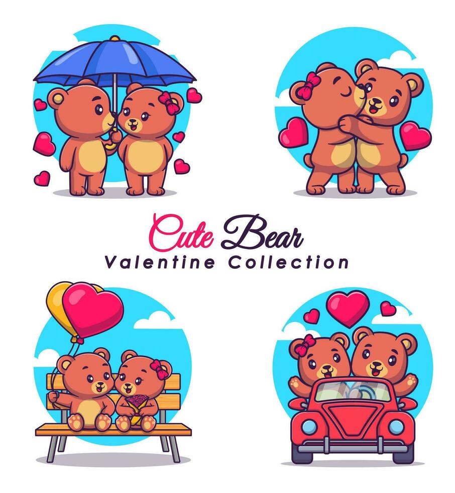 fofa Urso casal com poses para dia dos namorados dia desenho animado vetor ícone ilustração