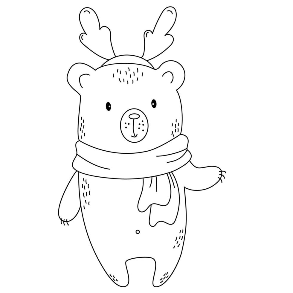 urso de pelúcia com chifres de veado. animal de natal. contorno. ilustração vetor