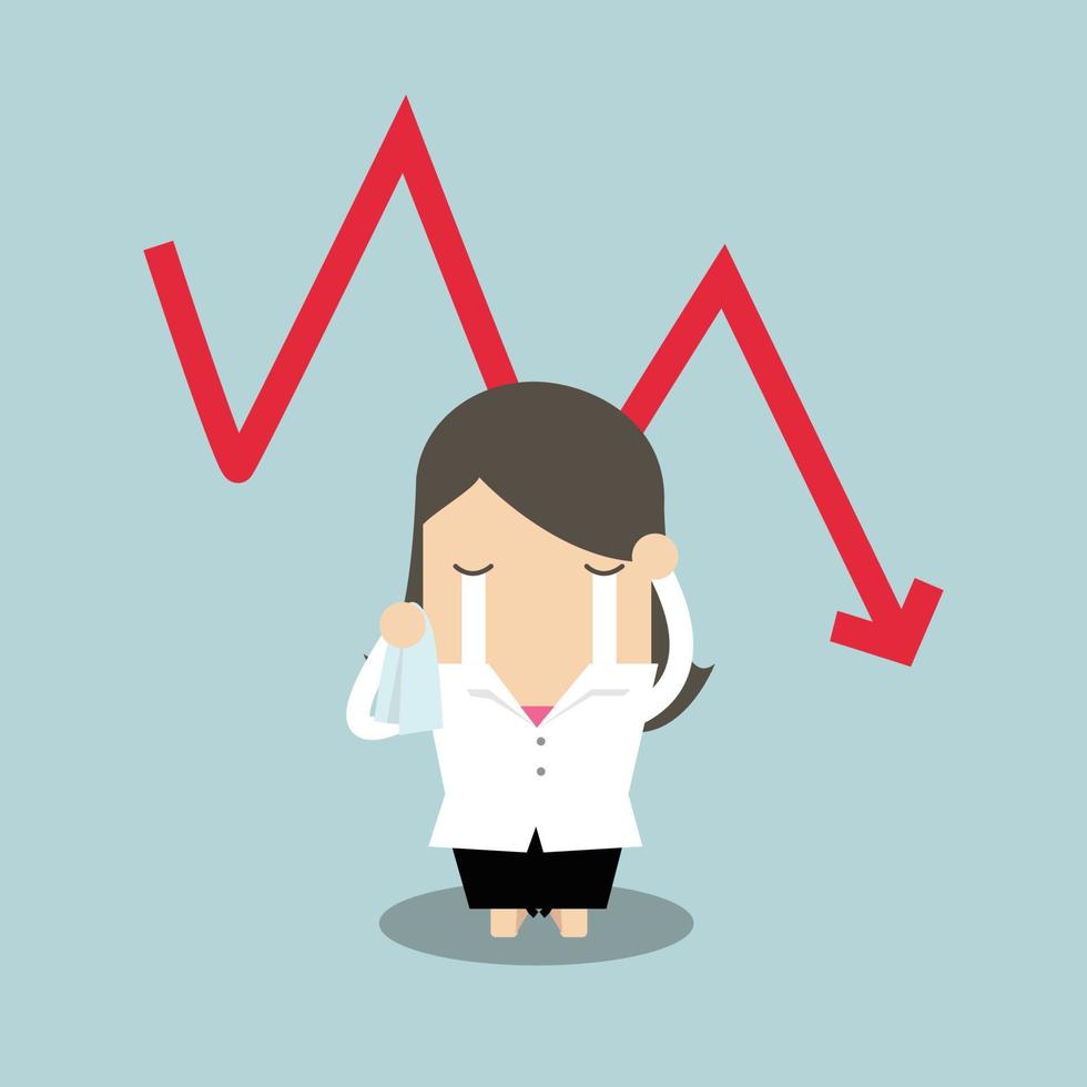 triste empresária chorando ao cair da crise financeira do gráfico da seta vermelha vetor