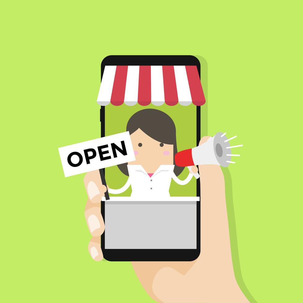 empresária fica em um grande smartphone com placa aberta de loja online. conceito de compras online. vetor