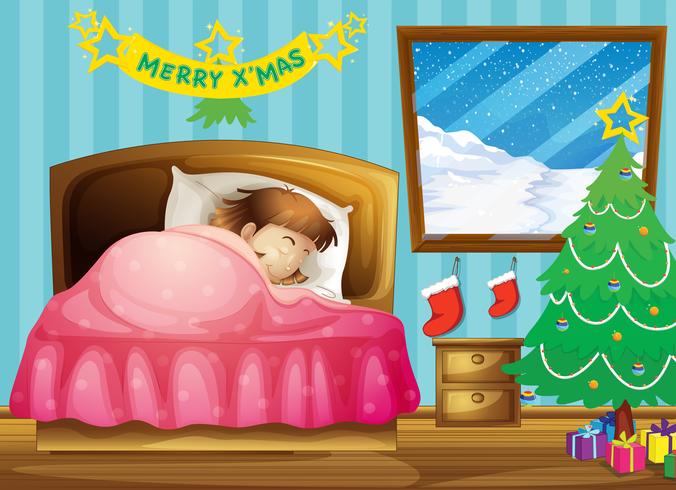Uma menina dormindo em seu quarto com uma árvore de Natal vetor