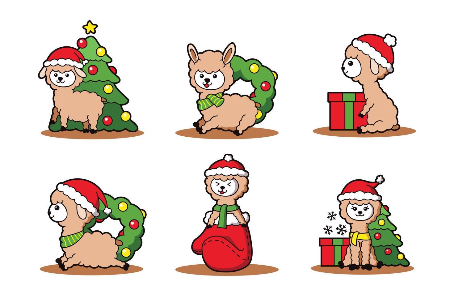 conjunto de lhama bonito dos desenhos animados para o tema do feriado de natal vetor