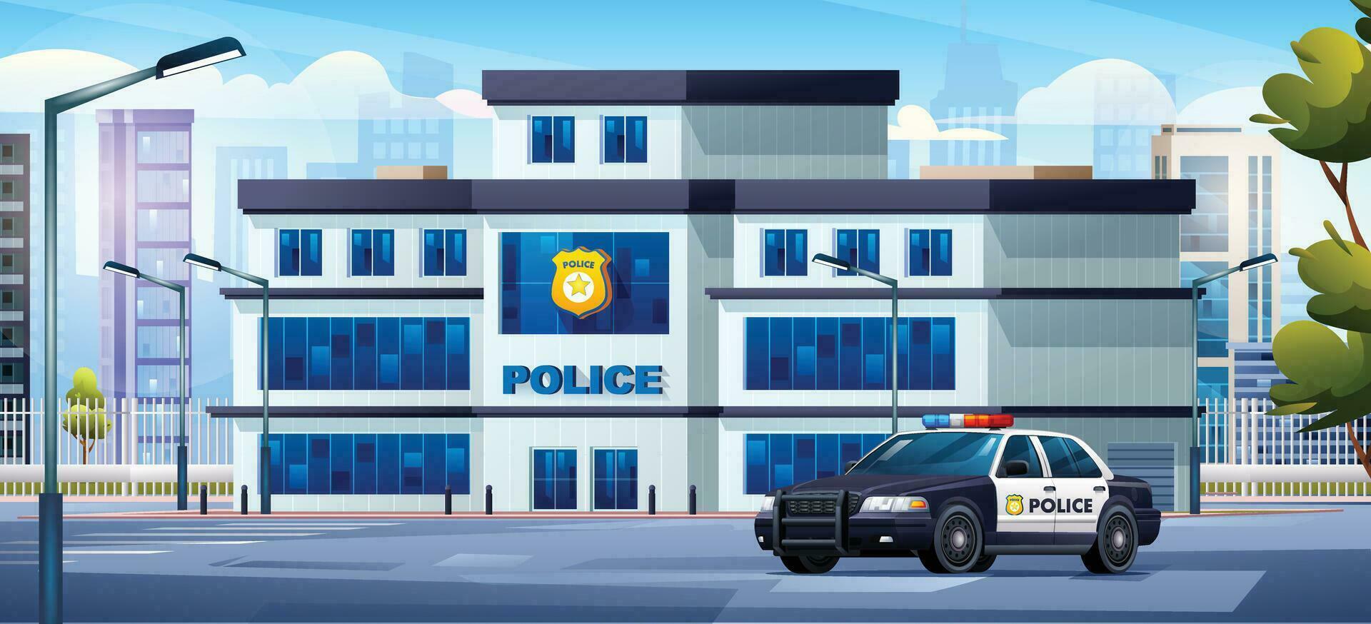 polícia estação construção com patrulha carro em paisagem urbana fundo. polícia departamento escritório e cidade panorama vetor desenho animado ilustração