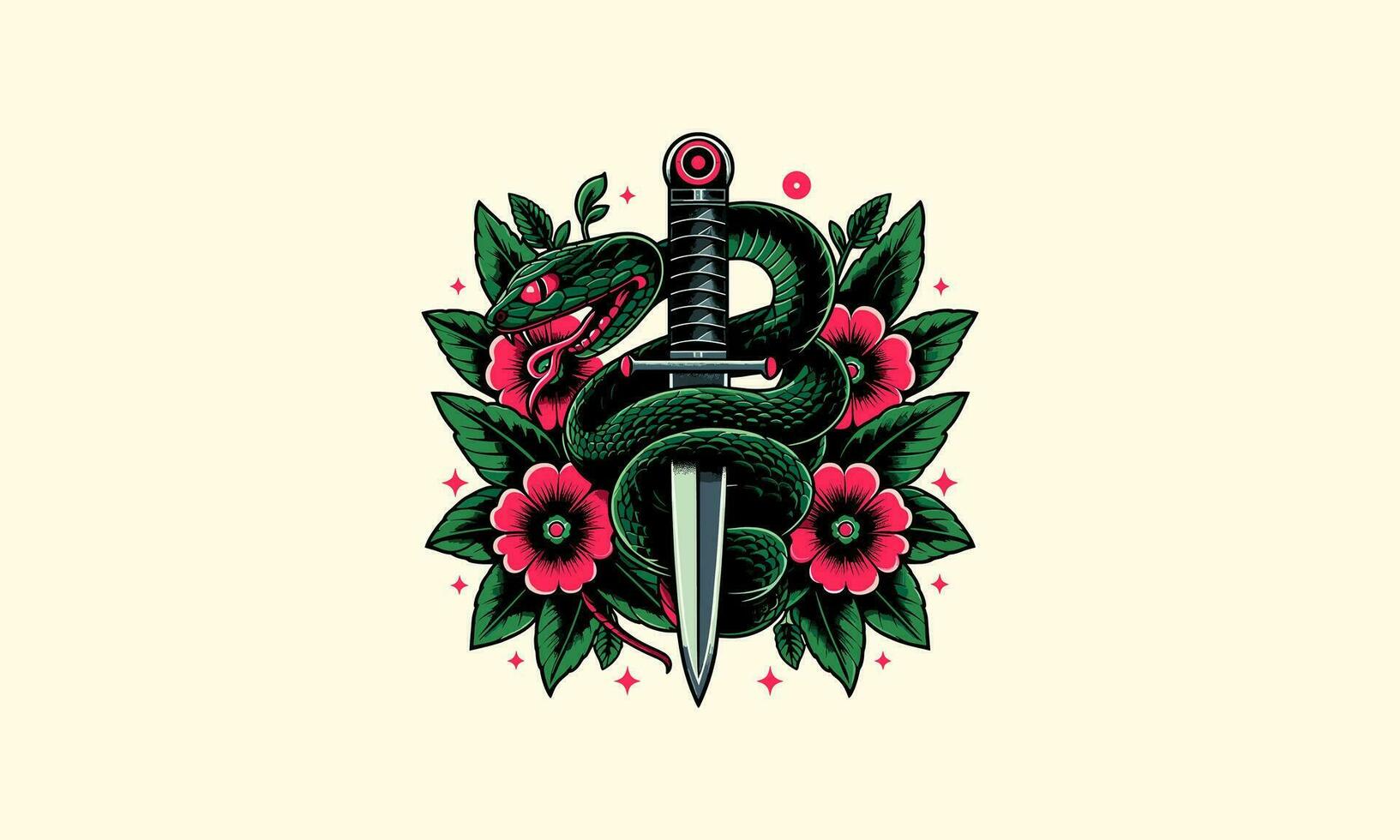 verde serpente com faca e vermelho flores vetor obra de arte Projeto
