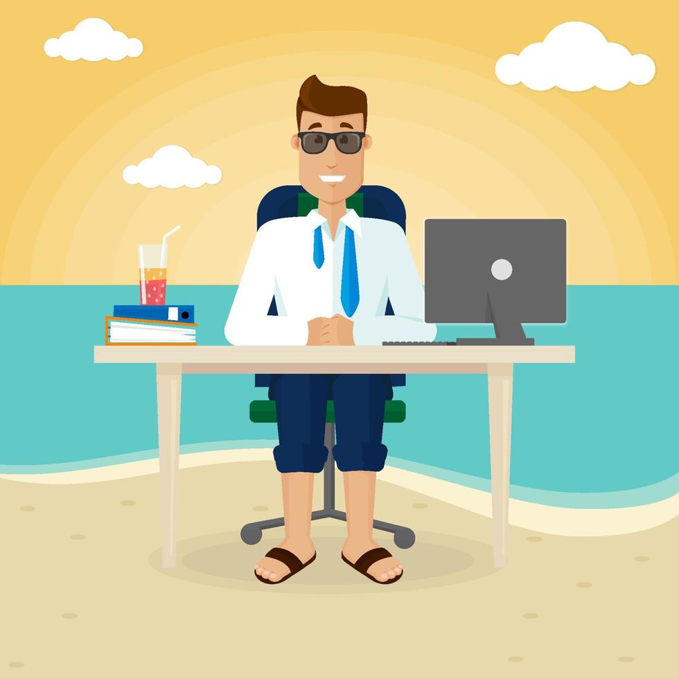 trabalho freelance fora do escritório, equilíbrio entre vida pessoal e profissional, ilustração de businessman.vector em estilo simples. vetor