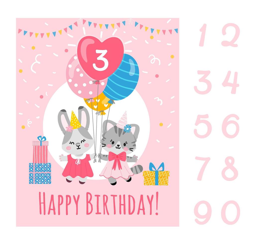 modelo de cartão de festa de aniversário com números, coelho e gatinho segurando balões.vector ilustração plana. vetor
