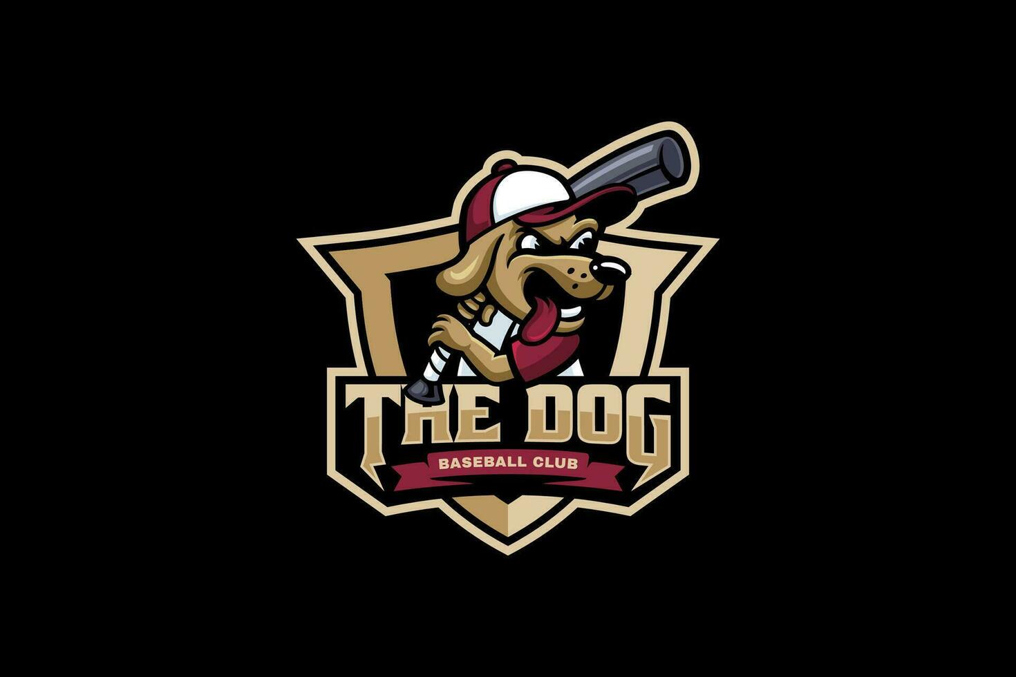 cachorro cachorro beisebol com escudo crachá mascote logotipo para beisebol ou softbol equipe esporte vetor