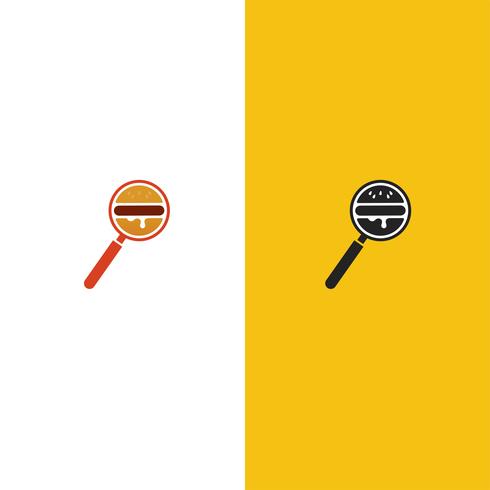 Logotipo do serviço de entrega Burger Search. Lupa com um ícone de hambúrguer. Ilustração vetorial vetor