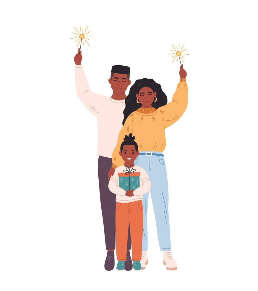africano americano família com criança a comemorar Natal ou Novo ano. vetor ilustração dentro plano estilo