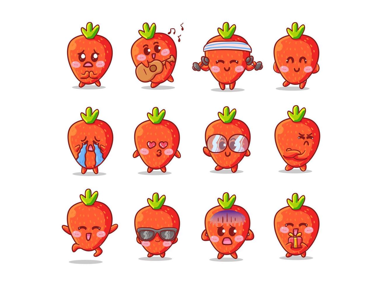 Ilustração de adesivo de morango fofo e kawaii com várias atividades e expressões para mascote vetor