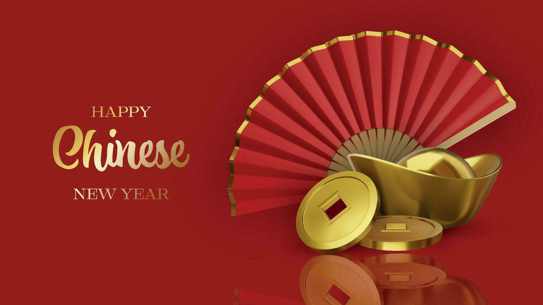 chinês Novo ano bandeira com ouro lingote e moedas e dobrando fã. chinês Novo ano fundo vetor
