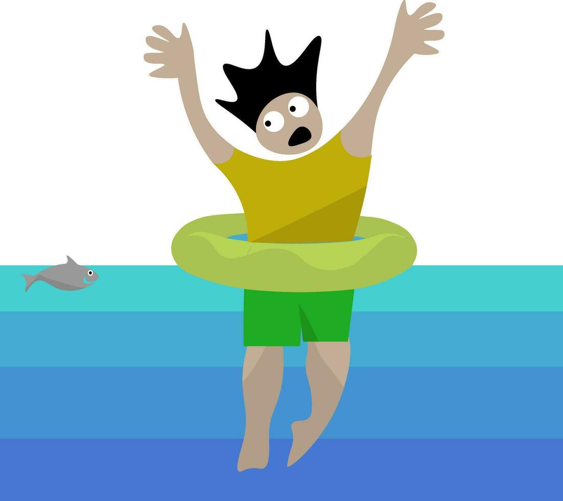 uma desenho animado homem flutuando dentro a água com dele braços estendido vetor