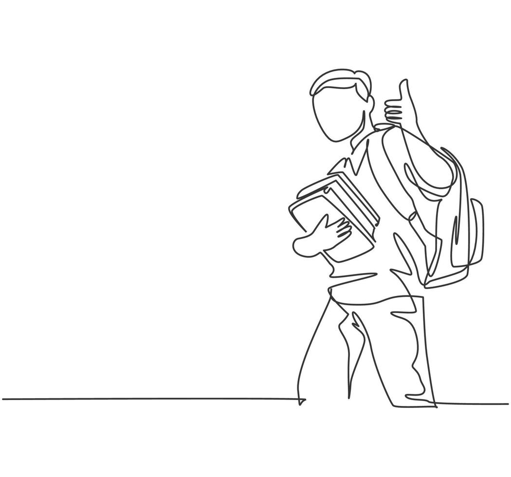 um desenho de linha de jovem estudante de menino feliz escola primária carregando uma pilha de livros e dando polegares para cima gesto. conceito de educação linha contínua desenho ilustração vetorial vetor