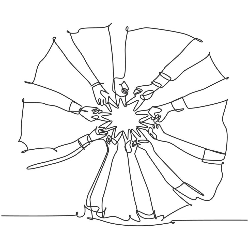 um desenho de linha de jovens felizes junta as mãos para mostrar o trabalho em equipe e a unidade e criar a forma de círculo. conceito de construção de equipes linha contínua desenhar design gráfico ilustração vetorial vetor
