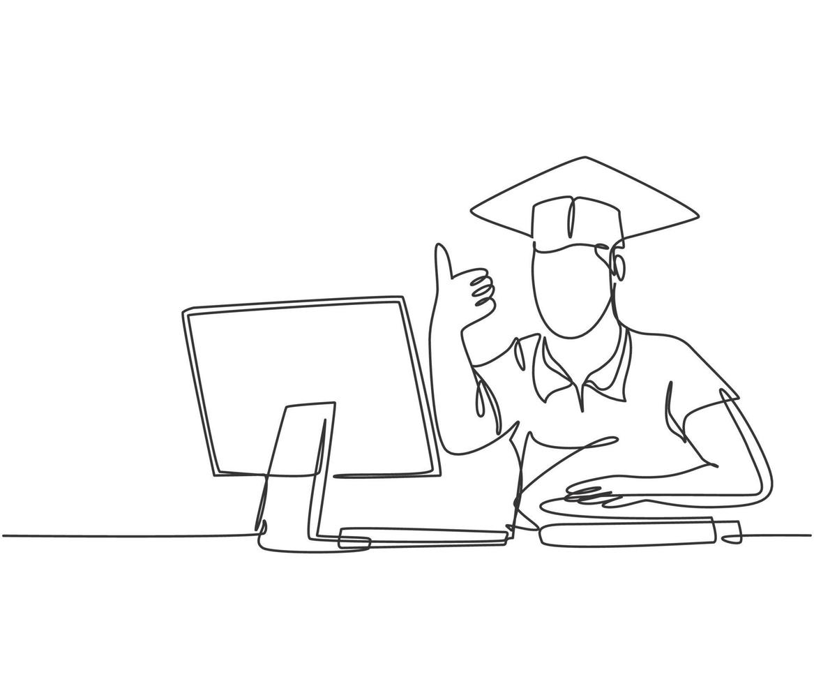 um desenho de linha de jovem estudante universitário masculino feliz estudando na frente do computador e dá os polegares para cima gesto. conceito de estudante de pós-graduação. educação linha contínua desenho ilustração vetorial vetor