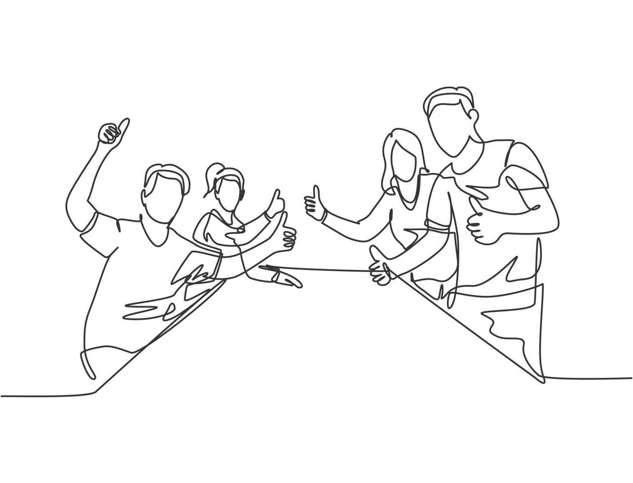 grupo de desenho de linha única de jovens empresários e empresárias felizes dando polegares para cima gesto juntos. conceito de reunião de negócios. ilustração em vetor desenho gráfico em linha contínua