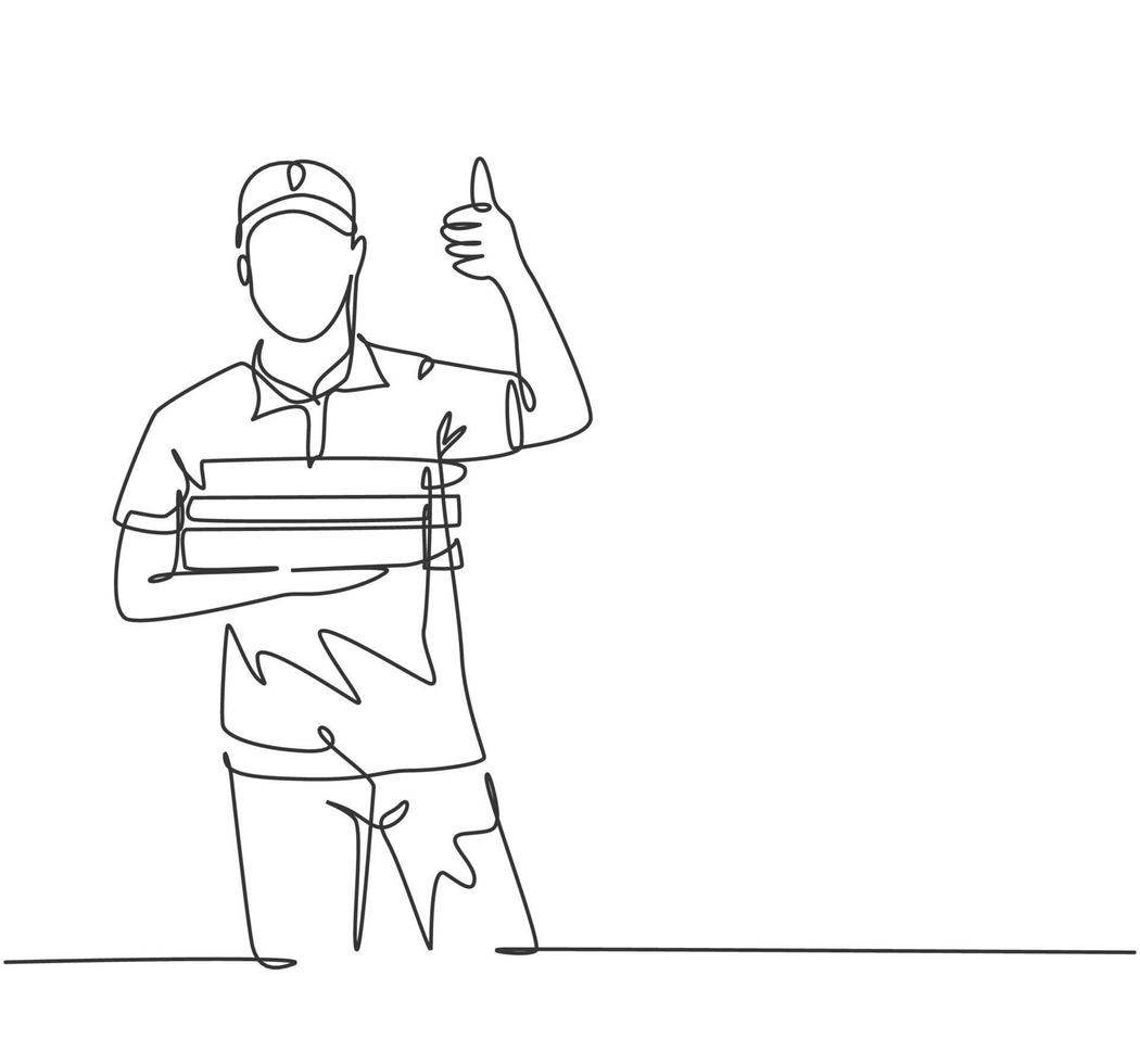 um desenho de linha de jovem entregador de pizza feliz faz gesto de polegar para cima antes de entregar o pacote ao cliente. conceito de negócio de serviço de entrega de comida. ilustração em vetor desenho desenho em linha contínua
