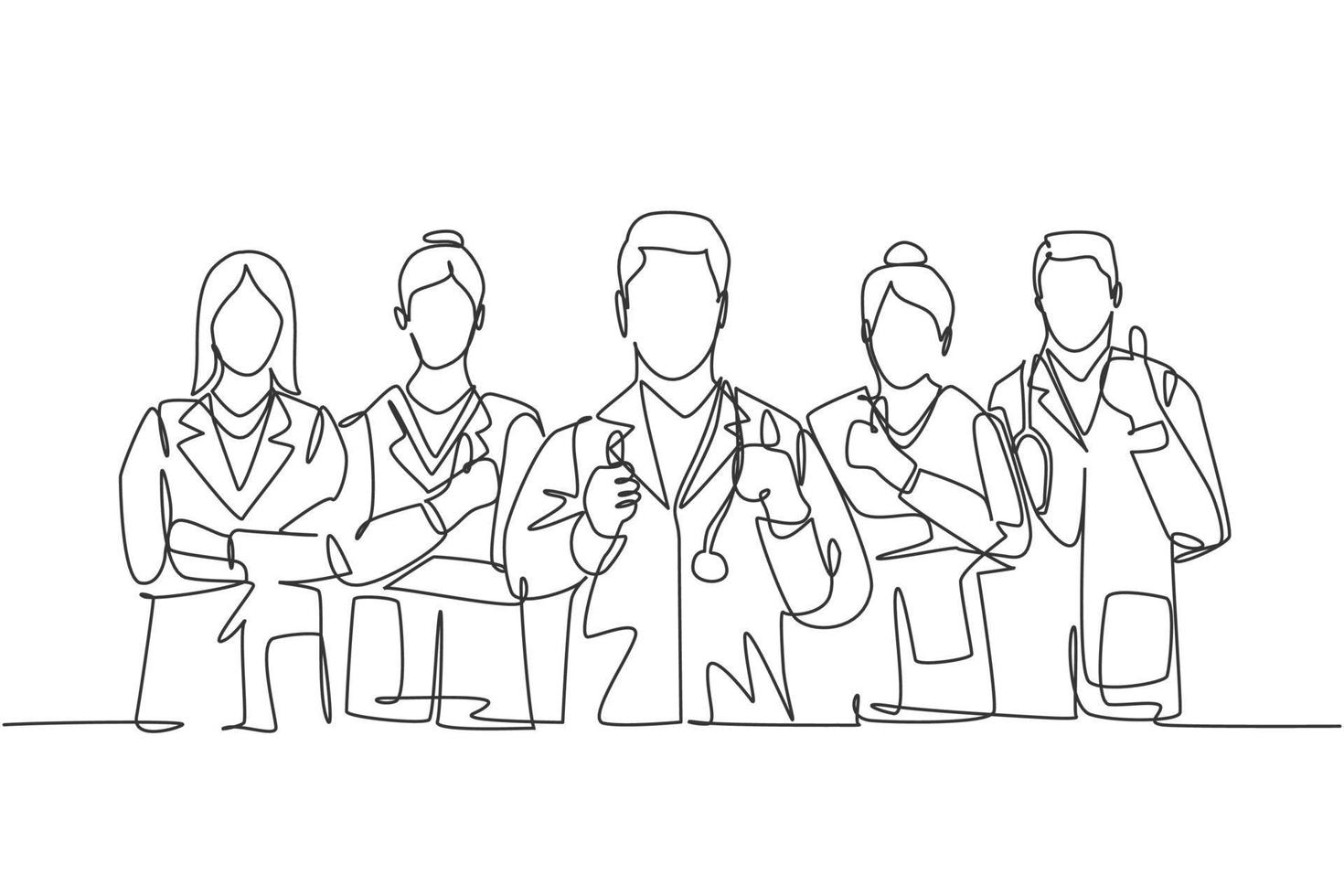 um desenho de linha de grupos de jovens médicos masculinos e femininos felizes dando polegares para cima gesto como símbolo de excelência de serviço. conceito de trabalho de equipe médica. ilustração em vetor desenho desenho em linha contínua
