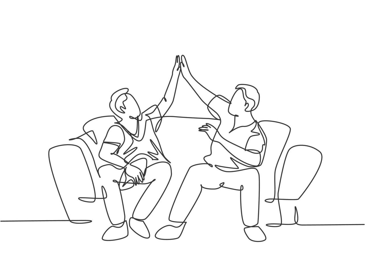 um único desenho linear de torcedores sentados no sofá assistindo ao jogo de seu clube de futebol americano favorito na televisão. conceito de clube de fãs. ilustração em vetor desenho desenho em linha contínua