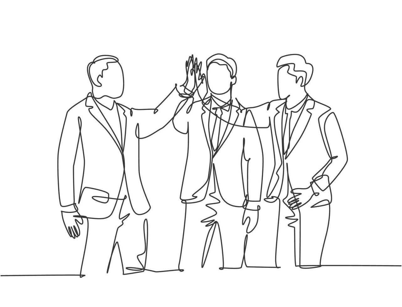 desenho de linha única de jovens empresários felizes celebrando seus sucessivos negócios e fazendo gesto de high fives. conceito de negócio de linha contínua desenhar ilustração vetorial de design gráfico vetor
