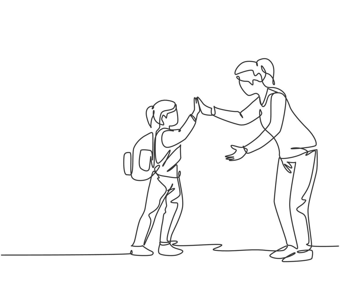 um desenho de linha de uma professora conhecer um de seus alunos na escola e fazendo gesto de high five. conceito de atividade de educação escolar. ilustração em vetor gráfico desenho linha contínua