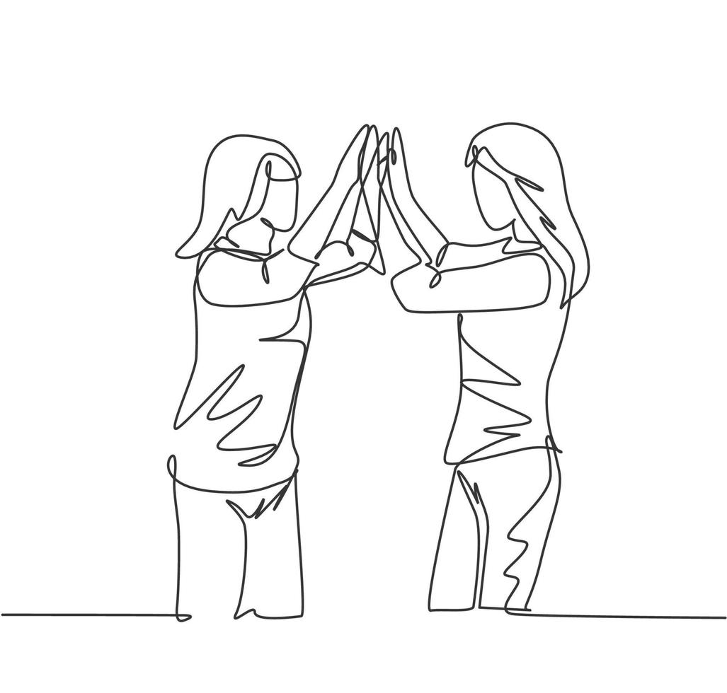 desenho de linha única de duas melhores amigas se reencontram e fazem um gesto de "high five" quando se encontram na rua. amizade conceito linha contínua desenhar design gráfico ilustração vetorial vetor