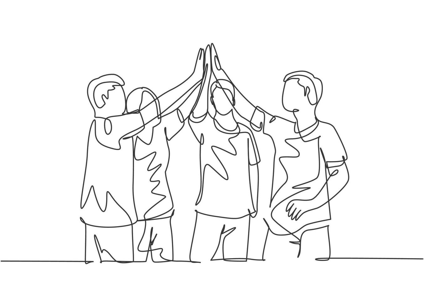 um grupo de desenho de linha de homem e mulher comemorando seu objetivo sucessivo com gesto de cinco mais alto juntos. reunião de negócios negócio conceito linha contínua desenho ilustração vetorial vetor