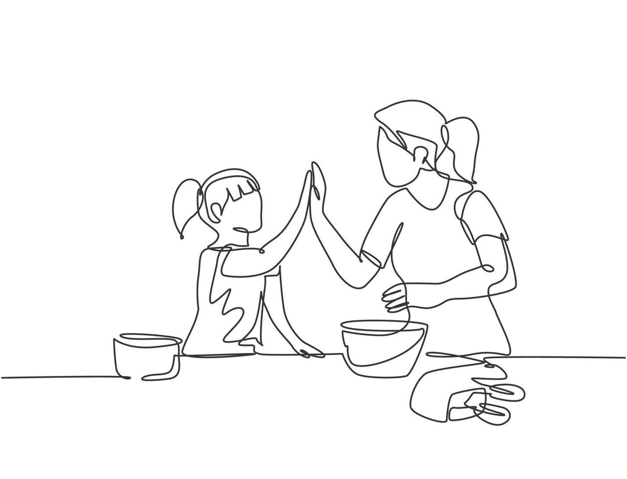 desenho de linha única de mãe e filha se preparando para cozinhar alguns biscoitos na cozinha e dando mais cinco gestos. conceito de paternidade linha contínua desenho ilustração gráfica de vetor