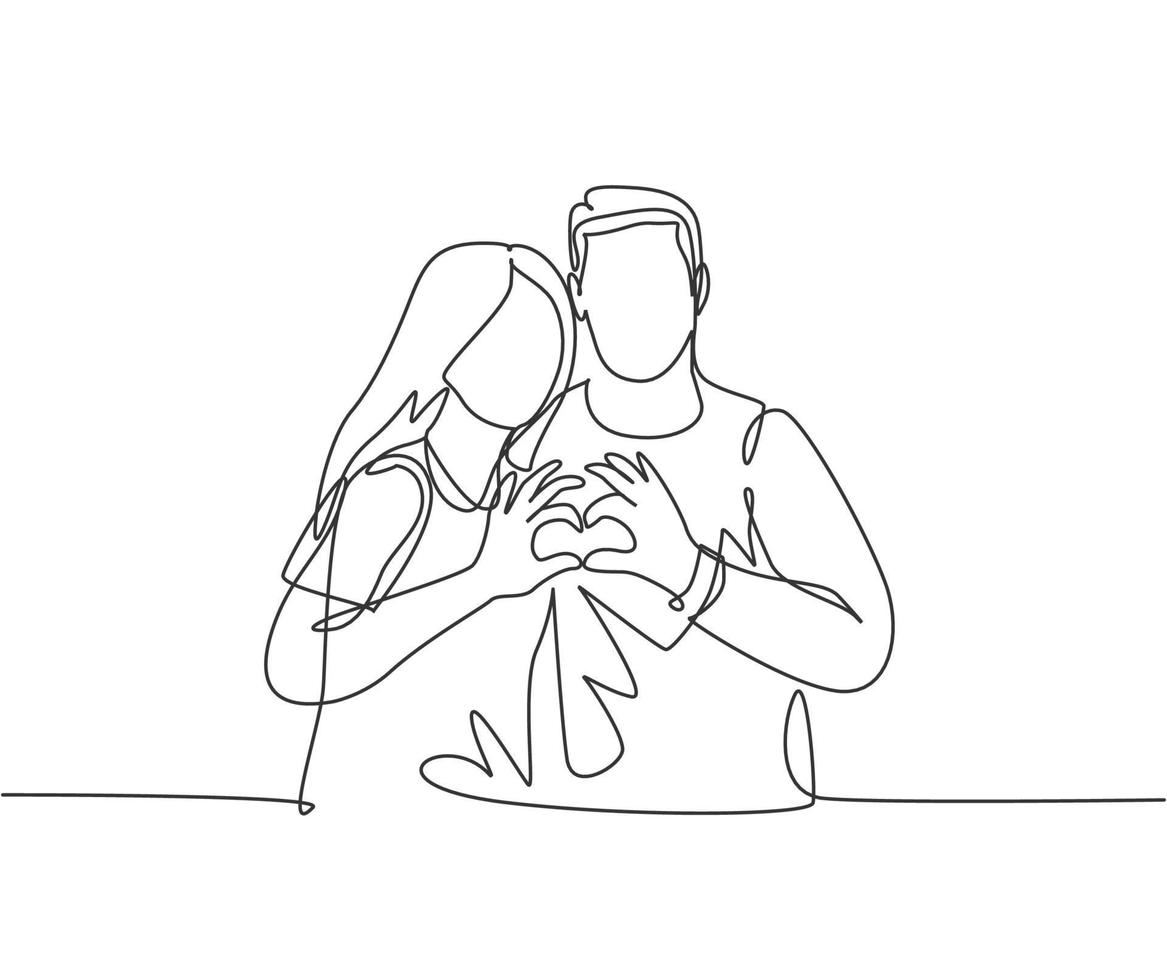 um desenho de linha contínua de jovem feliz e duas mãos formando um coração juntos. conceito romântico de aniversário de noivado. ilustração em vetor gráfico moderno desenho de linha única