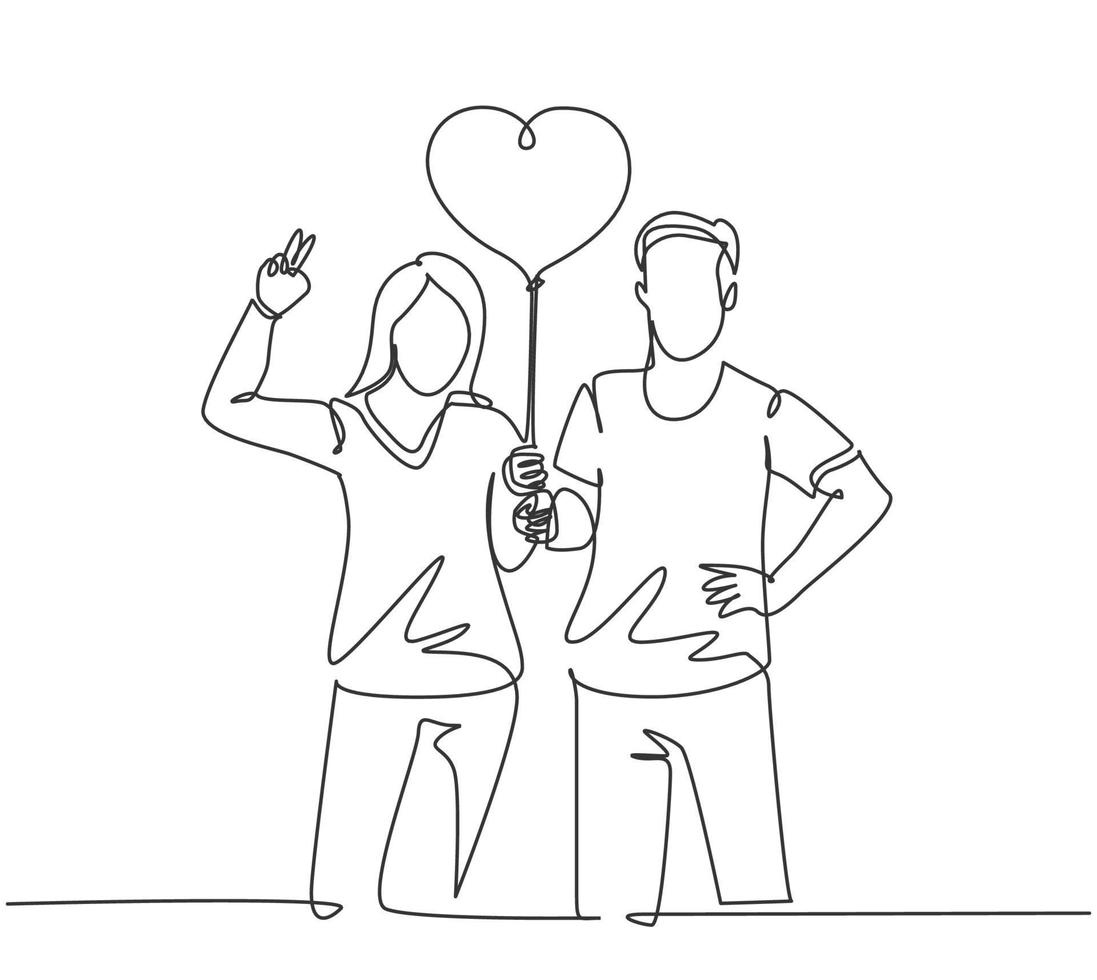 um único desenho de linha de jovem feliz e casal de mulher dar um passeio no parque público juntos e segurando um balão em forma de coração. conceito de aniversário de casamento linha contínua desenho ilustração vetor