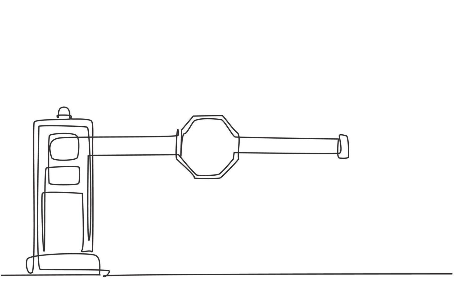 Portões de barreira contínuos de desenho linear com placas de advertência protegem a entrada do maior estacionamento de supermercado da cidade. vida urbana. ilustração gráfica do vetor do desenho do desenho de linha única.