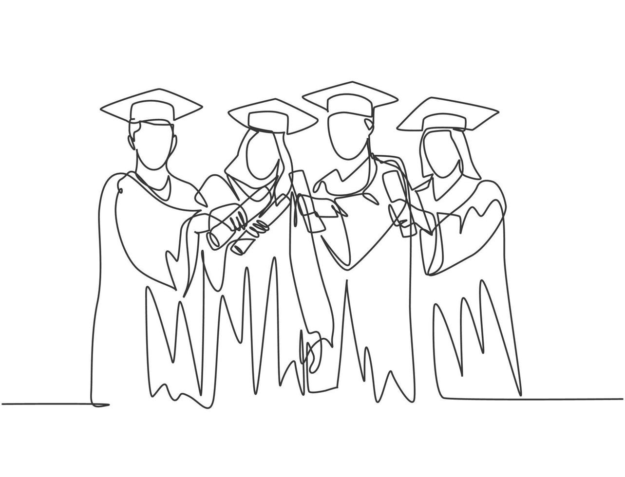 um único desenho de linha de um grupo de estudantes universitários do sexo masculino e feminino mostra sua carta de formatura para comemorar sua graduação na escola. conceito de educação linha contínua desenhar ilustração de design vetor