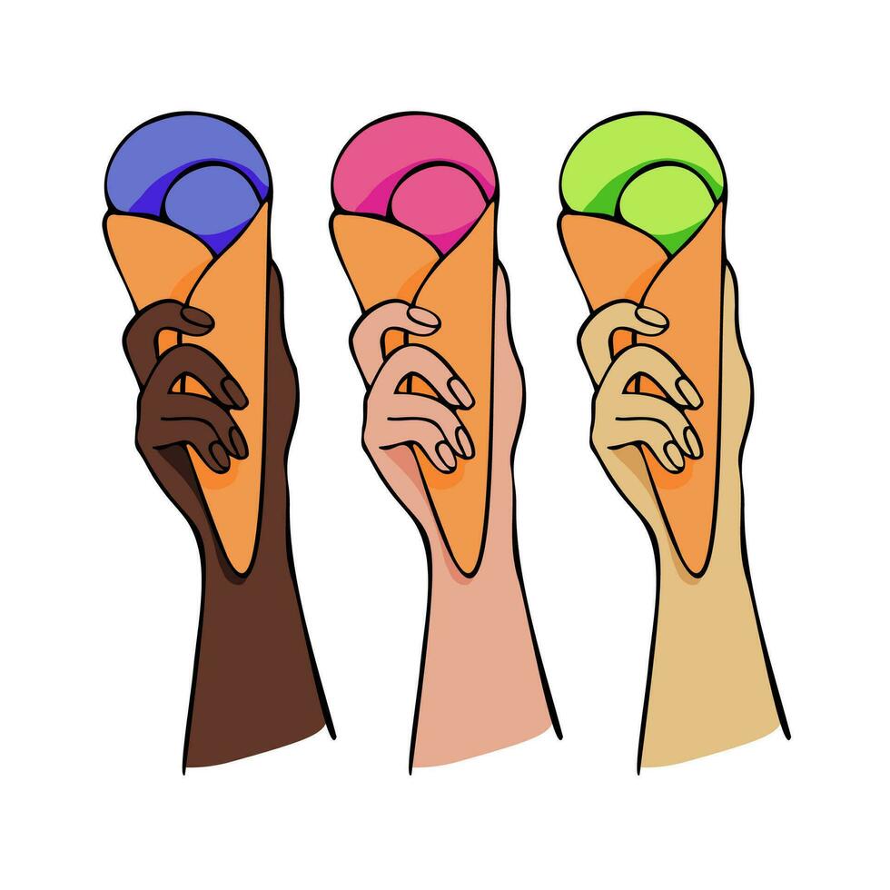 vetor ilustração mulheres direitos União, fêmea poder e solidariedade marcha 8, internacional mulheres dia. mão desenhado mãos com diferente pele cores e gelo creme.