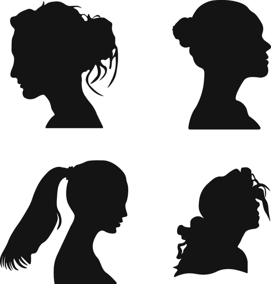 conjunto do mulher cabeça silhuetas. com diferente Penteado. isolado em branco fundo. vetor ilustração.