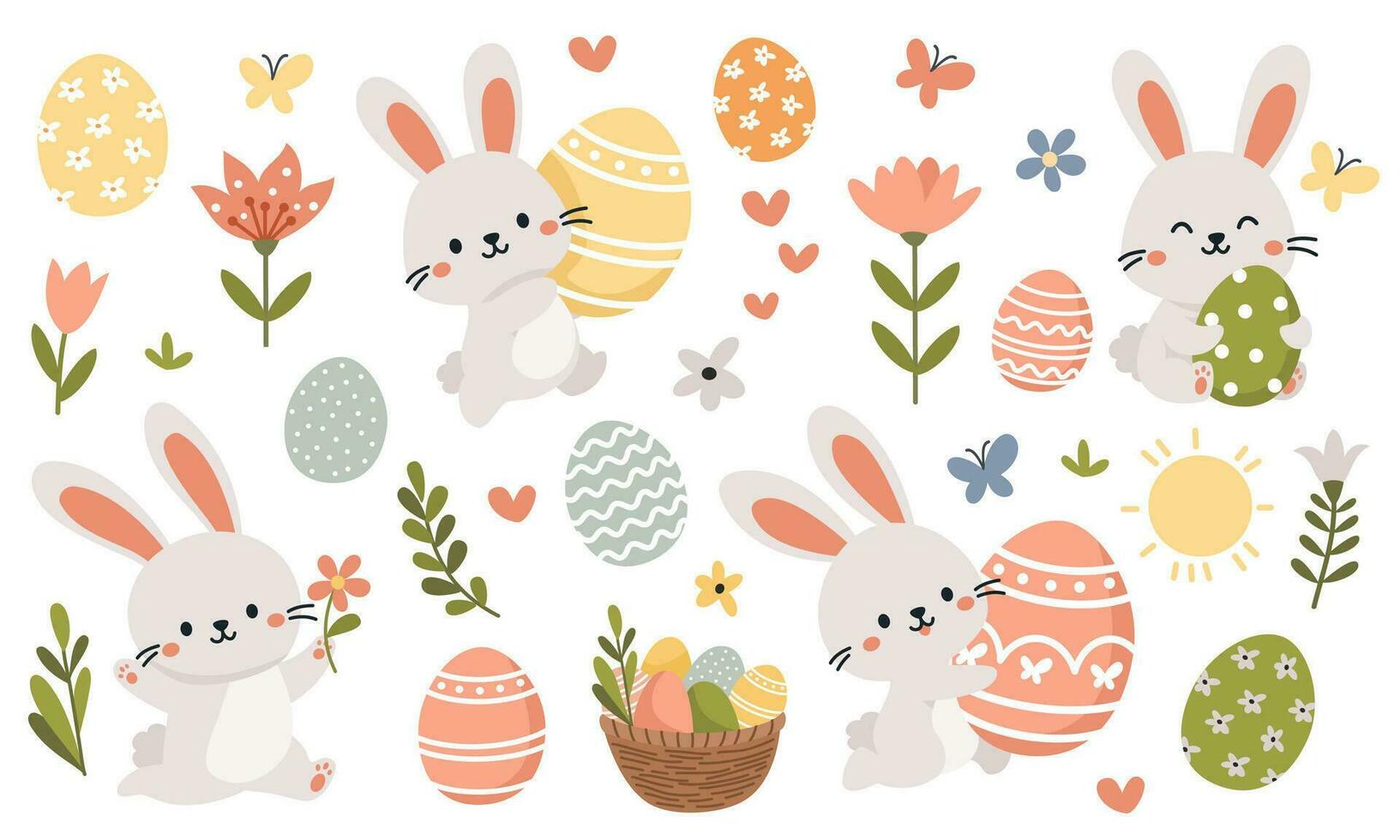 conjunto do plano vetor ilustrações para Páscoa dia. fofa coelhos com Páscoa ovos, Páscoa cesta e Primavera flores