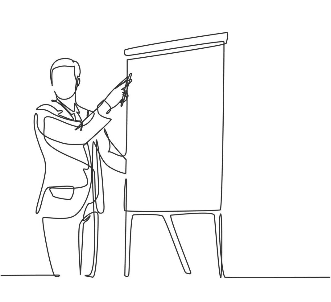 um único desenho de linha do jovem fundador de uma startup feliz apresentando proposta de negócios aos investidores. apresentação de negócios no escritório conceito linha contínua desenho gráfico design ilustração vetor